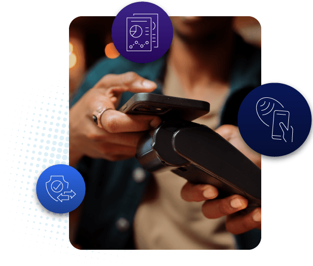 A close-up of a person making a contactless payment with their smartphone, emphasizing a seamless digital payment experience.