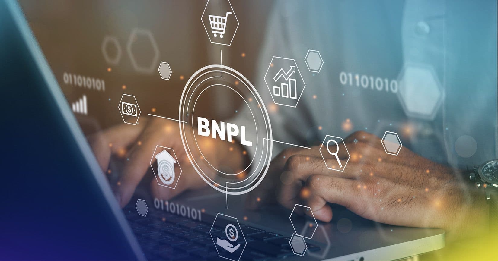 Close-up of hands typing on a laptop with a glowing 'BNPL' (Buy Now, Pay Later) digital interface overlay