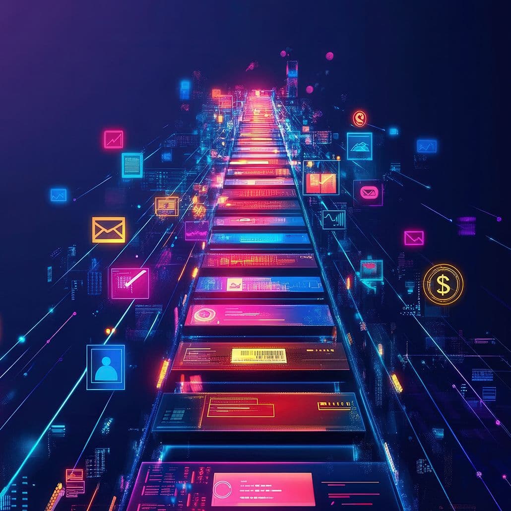 A futuristic digital path visualizing a product journey, with screens showing data, analytics, and financial icons