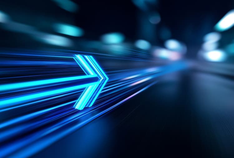 Glowing blue arrow racing forward through streaks of light, representing Velera's new chapter.